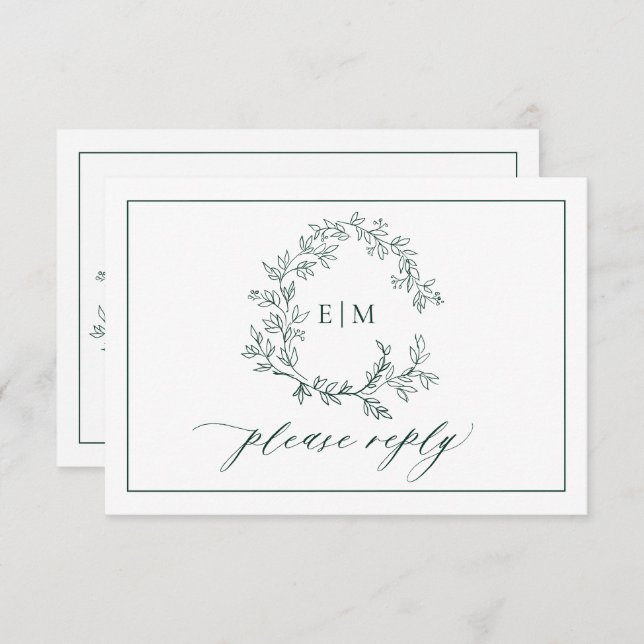 Emerald Green Leafy Wappen Monogram Wedding RSVP (Vorne/Hinten)