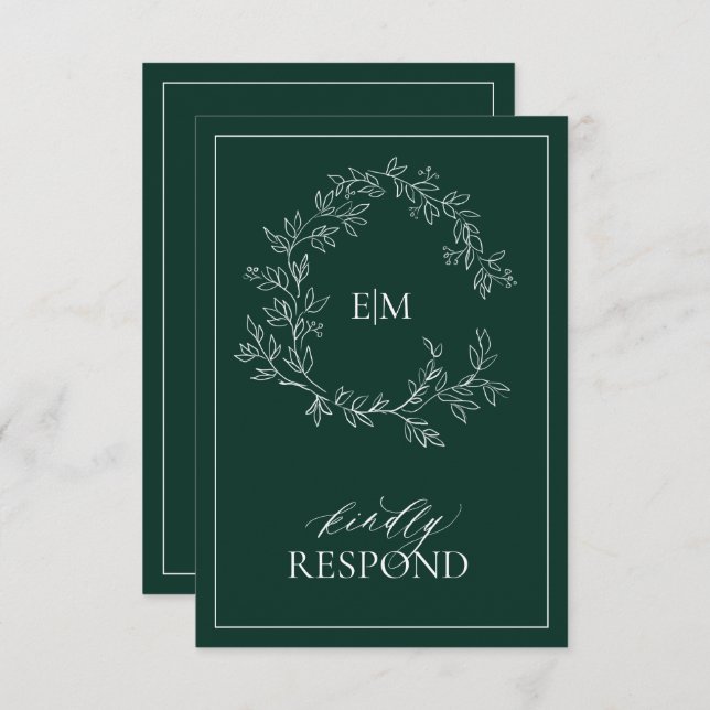 Emerald Green Leafy Wappen Monogram Wedding RSVP (Vorne/Hinten)