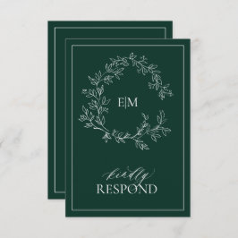 Emerald Green Leafy Wappen Monogram Wedding RSVP
