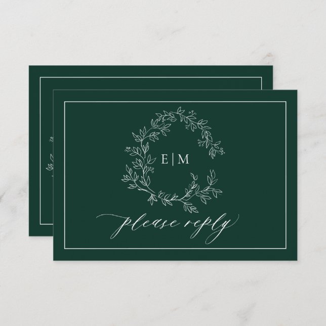 Emerald Green Leafy Wappen Monogram Wedding RSVP (Vorne/Hinten)