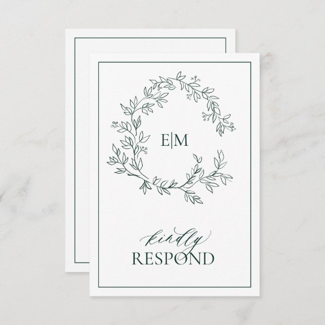 Emerald Green Leafy Wappen Monogram Wedding RSVP (Vorne/Hinten)