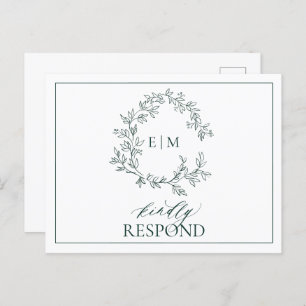 Emerald Green Leafy Wappen Monogram Wedding RSVP Einladungspostkarte
