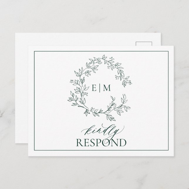 Emerald Green Leafy Wappen Monogram Wedding RSVP Einladungspostkarte (Vorne/Hinten)