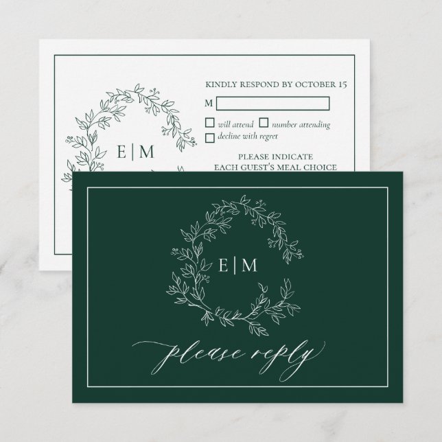 Emerald Green Leafy Wappen Monogram Wedding RSVP Karte (Vorne/Hinten)