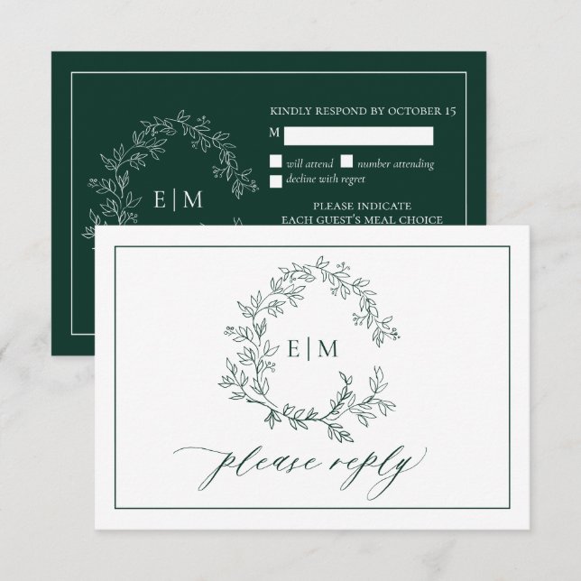 Emerald Green Leafy Wappen Monogram Wedding RSVP Karte (Vorne/Hinten)