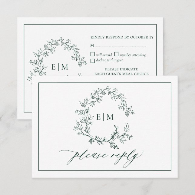 Emerald Green Leafy Wappen Monogram Wedding RSVP Karte (Vorne/Hinten)