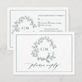 Emerald Green Leafy Wappen Monogram Wedding RSVP Karte