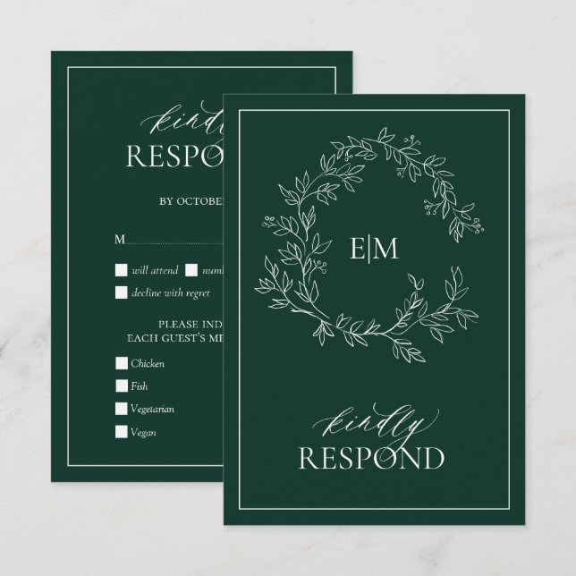 Emerald Green Leafy Wappen Monogram Wedding RSVP Karte (Vorne/Hinten)