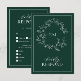 Emerald Green Leafy Wappen Monogram Wedding RSVP Karte