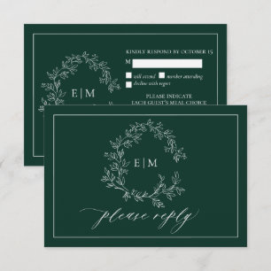 Emerald Green Leafy Wappen Monogram Wedding RSVP Karte