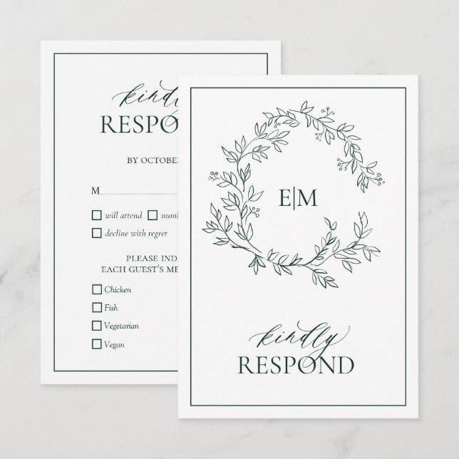 Emerald Green Leafy Wappen Monogram Wedding RSVP Karte (Vorne/Hinten)