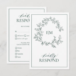 Emerald Green Leafy Wappen Monogram Wedding RSVP Karte