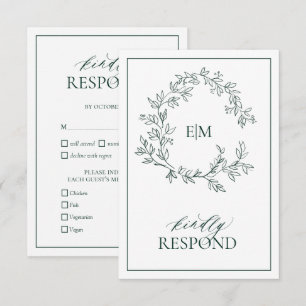 Emerald Green Leafy Wappen Monogram Wedding RSVP Karte