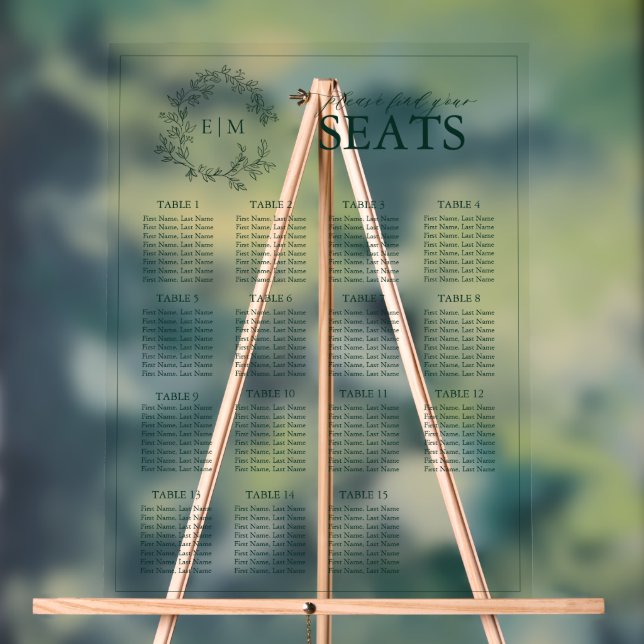 Emerald Green Leafy Wappen Monogram Wedding Seatin Acrylschild (Neutral)