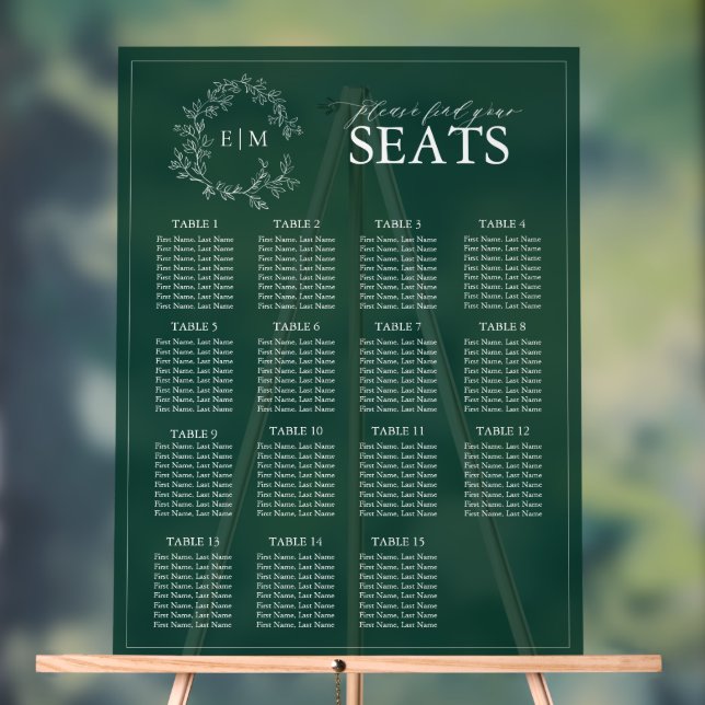 Emerald Green Leafy Wappen Monogram Wedding Seatin Acrylschild (Neutral)