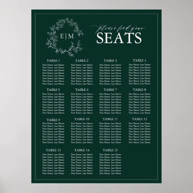 Emerald Green Leafy Wappen Monogram Wedding Seatin Poster (Vorne)