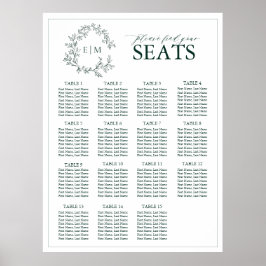 Emerald Green Leafy Wappen Monogram Wedding Seatin Poster