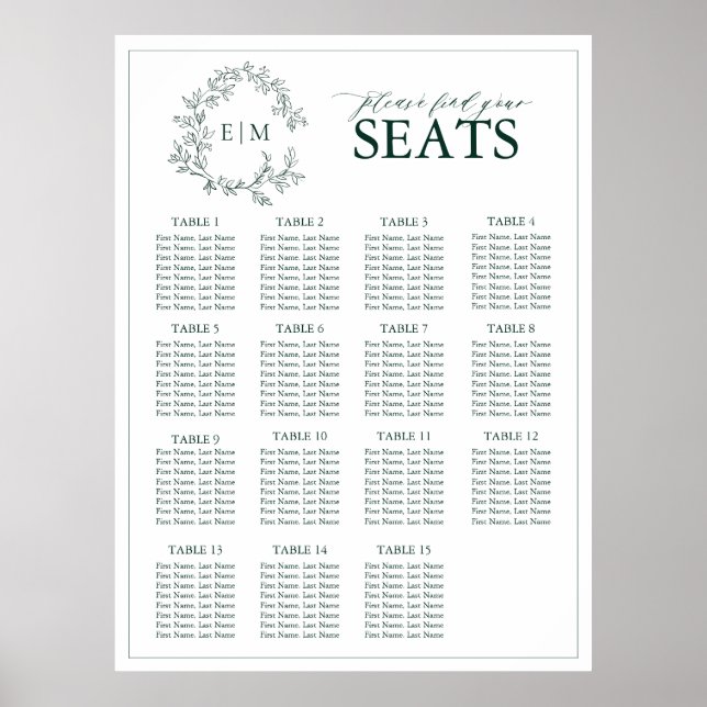 Emerald Green Leafy Wappen Monogram Wedding Seatin Poster (Vorne)