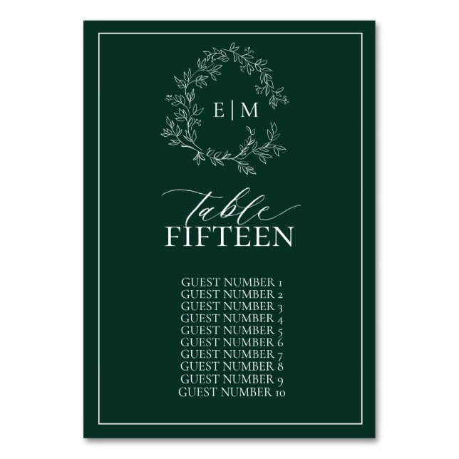 Emerald Green Leafy Wappen Monogram Wedding Tischnummer (Vorderseite)