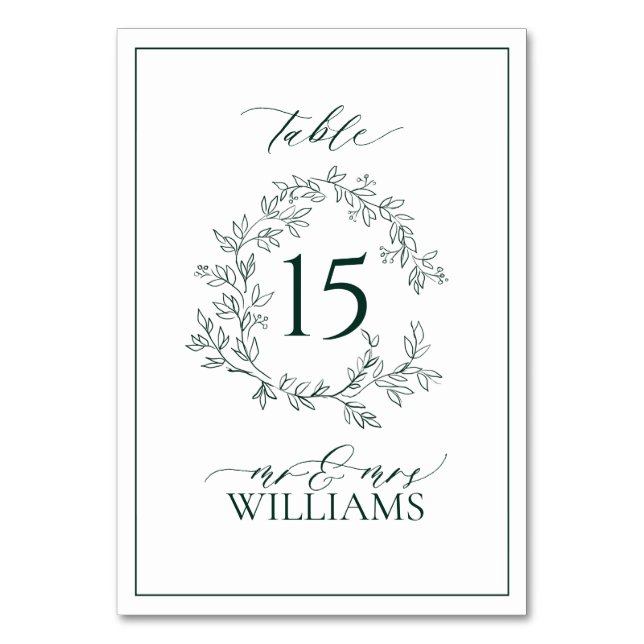Emerald Green Leafy Wappen Monogram Wedding Tischnummer (Vorderseite)