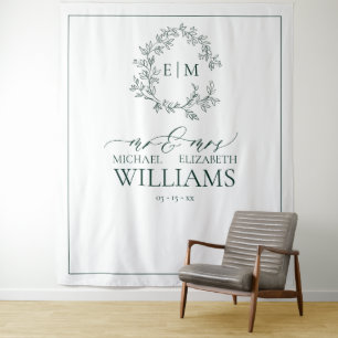 Emerald Green Leafy Wappen Monogram Wedding Wandteppich