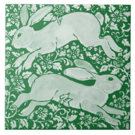 Emerald Green Leaping Rabbits Chinoiserie Floral  Fliese