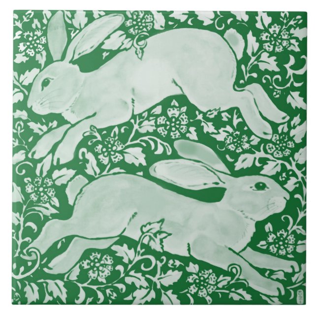 Emerald Green Leaping Rabbits Chinoiserie Floral  Fliese (Vorderseite)