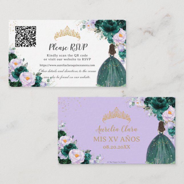 Emerald Green Lila Floral Quinceañera QR-Code Begleitkarte (Vorne/Hinten)