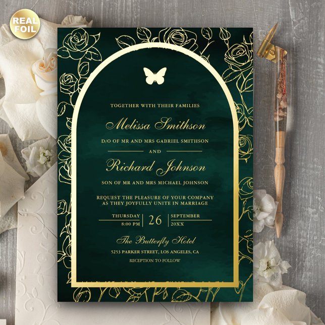 Emerald Green Line Art Arch Butterfly Wedding Gold Folieneinladung (Von Creator hochgeladen)