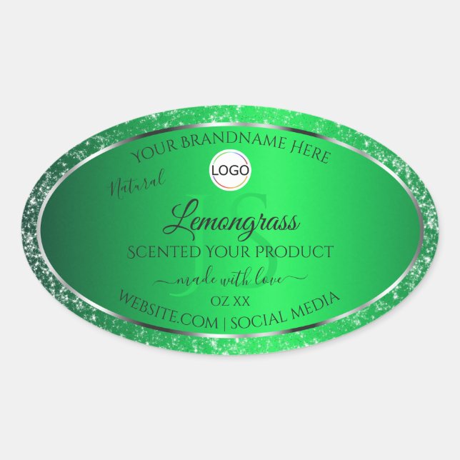 Emerald Green Logo Initials Glitzer Product Labels Ovaler Aufkleber (Vorderseite)
