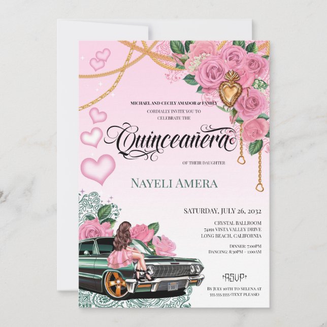Emerald Green Lowrider Pink Rose Chola Quinceanera Einladung (Vorderseite)