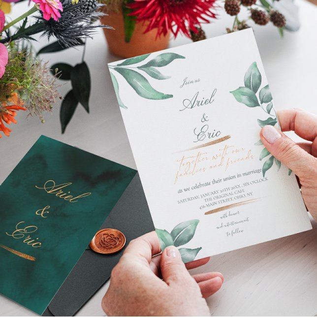 Emerald Green Marble & Gold Eucalyptus Wedding Einladung (Von Creator hochgeladen)