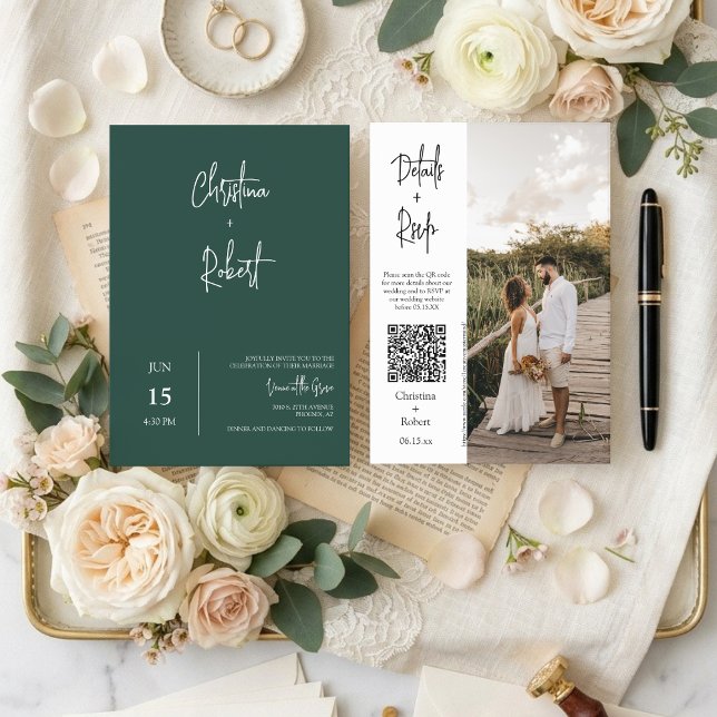 Emerald Green Minimal Boho Wedding Foto QR Code Einladung (Von Creator hochgeladen)