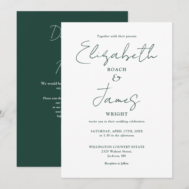 Emerald Green Minimalistisch Elegant QR Code Weddi Einladung (Vorne/Hinten)