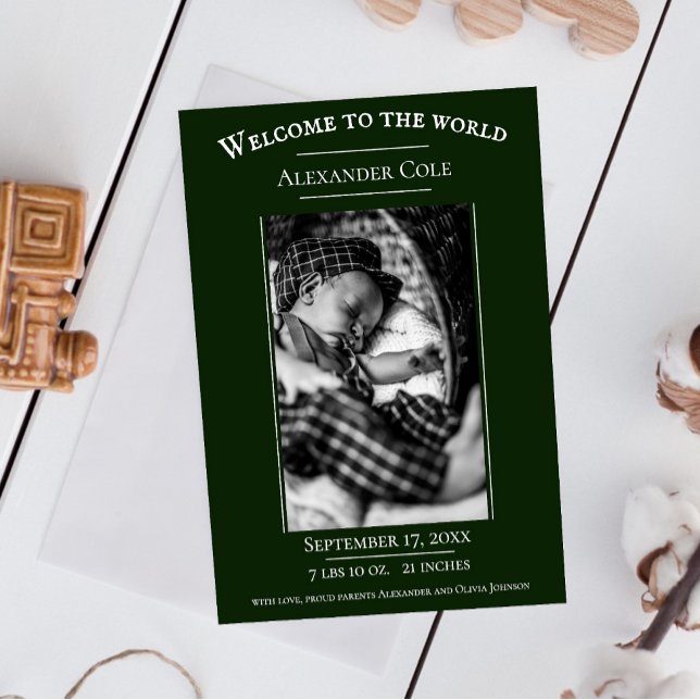 Emerald Green Minimalistisch Foto Geburtserklärung Ankündigung (Emerald Green Minimalist Photo Birth Announcement)