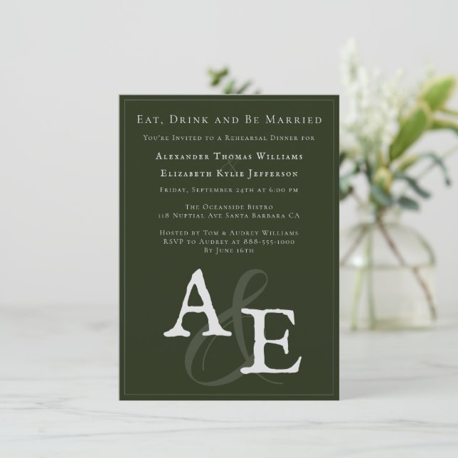 Emerald Green Minimalistisch Monogram Einladung (Stehend Vorderseite)