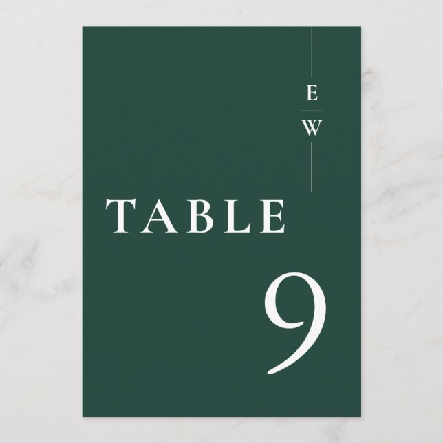 Emerald Green Minimalistisch Monogram-Tischnummer Einladung (Vorderseite)