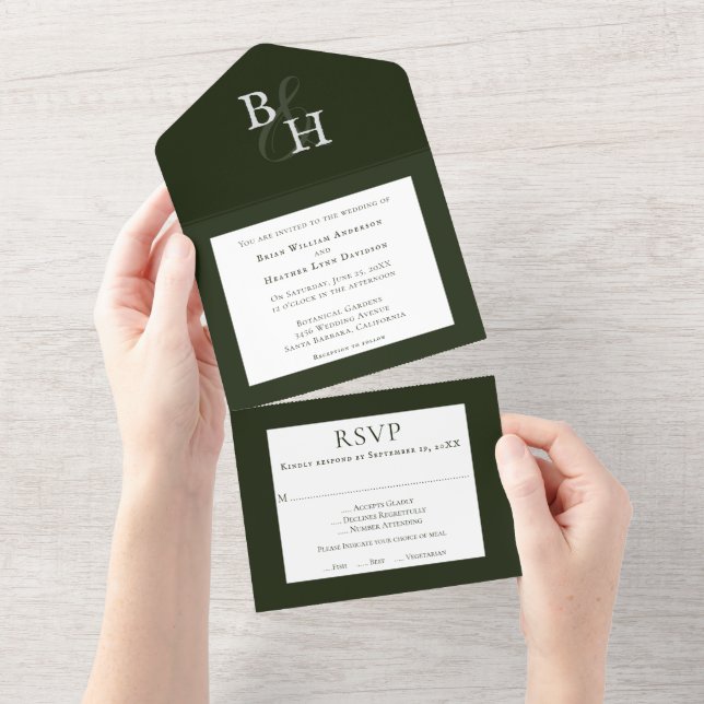 Emerald Green Minimalistisch Monogram Wedding All In One Einladung (Abreißen)