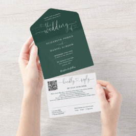 Emerald Green Minimalistisch Script QR Code Weddin All In One Einladung