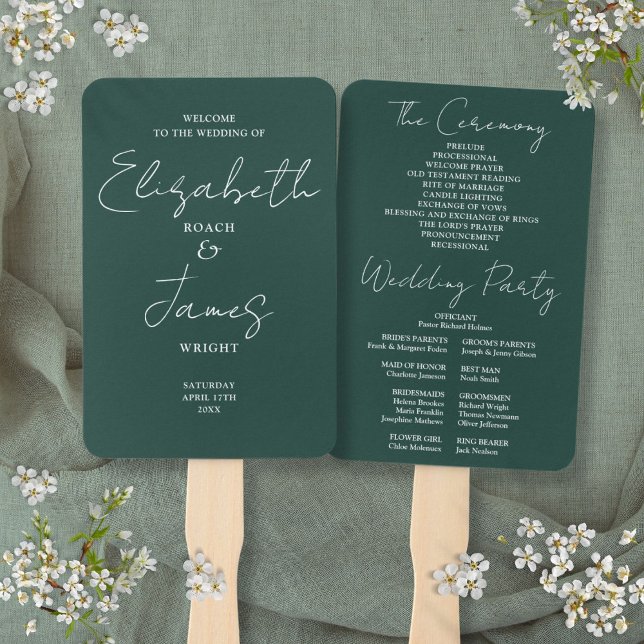 Emerald Green Minimalistisch Script Wedding Progra Fächer (Emerald Green Minimalist Script Wedding Program Hand Fan)