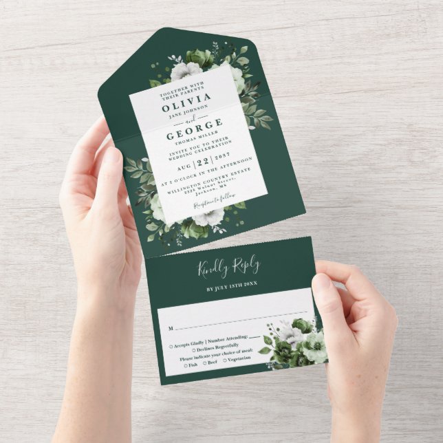 Emerald Green Modern Botanical Floral Wedding All In One Einladung (Abreißen)
