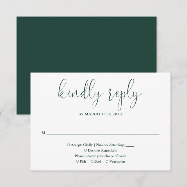 Emerald Green Modern Chic Elegante Script Wedding RSVP Karte (Vorne/Hinten)