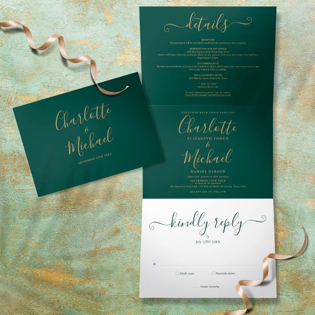 Emerald Green Modern Gold Script Foto Hochzeit Dreifach Gefaltete Einladung (Von Creator hochgeladen)