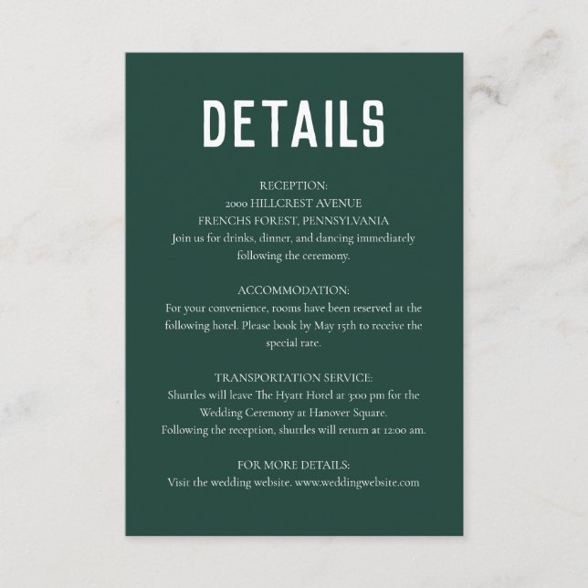 Emerald Green Modern Minimal Wedding Begleitkarte (Vorderseite)