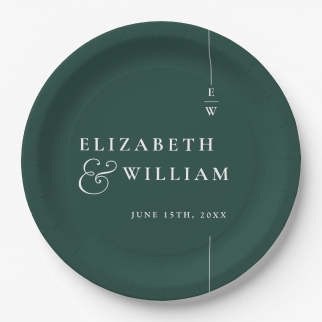 Emerald Green Modern Minimalistisch Monogram Weddi Pappteller (Vorderseite)