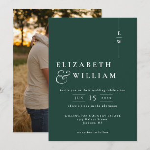 Emerald Green Modern Monogram Foto Wedding Einladung