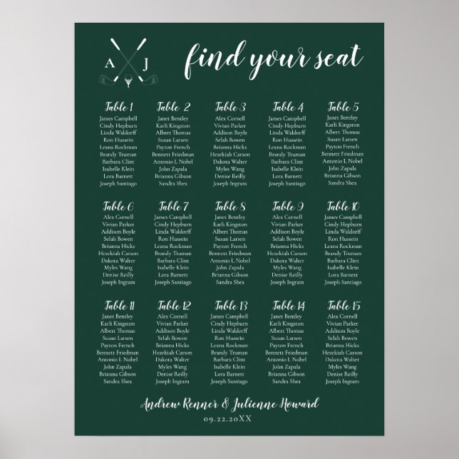 Emerald Green Modern Monogram Golf Wedding Poster (Vorne)
