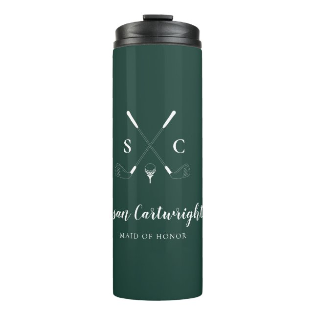 Emerald Green Modern Monogram Golf Wedding Thermosbecher (Vorderseite)