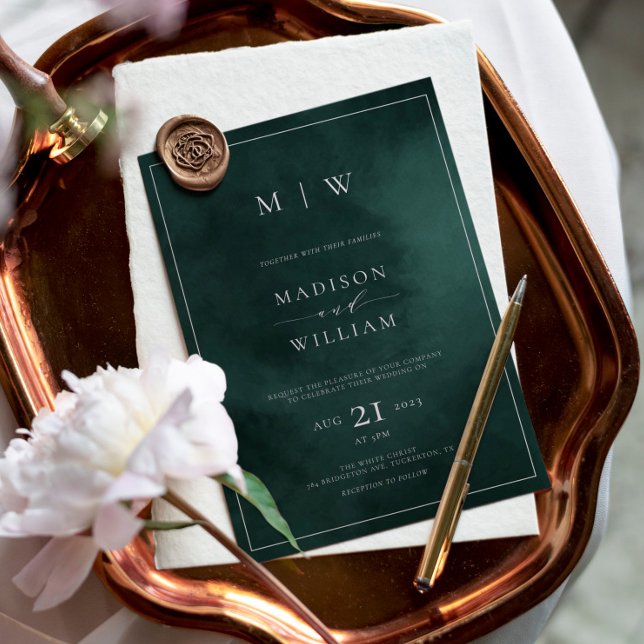 Emerald Green Monogram & Border Elegant Wedding Einladung (Von Creator hochgeladen)