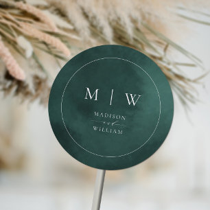 Emerald Green Monogram & Border Elegant Wedding Runder Aufkleber